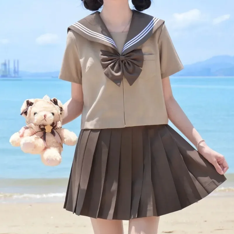 Girls' Japanese School Uniform JK Anime Cosplay Outfit Dark Brown Sailor Dress and Pleated Skirt Set Korean Fashion Costume