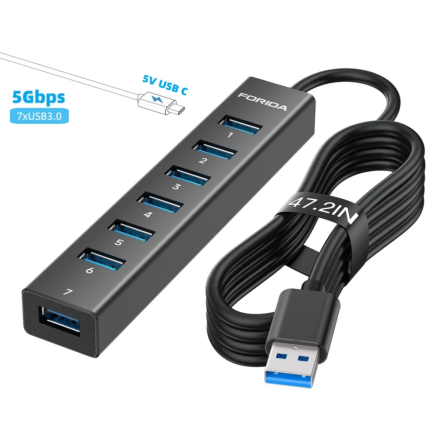Док-станция FORIDA USB A 3.0 из алюминиевого сплава, 7 портов, концентратор USB 3,0, 5 Гбит/с, адаптер питания 5 В для настольного ноутбука, клавиатуры, телефона