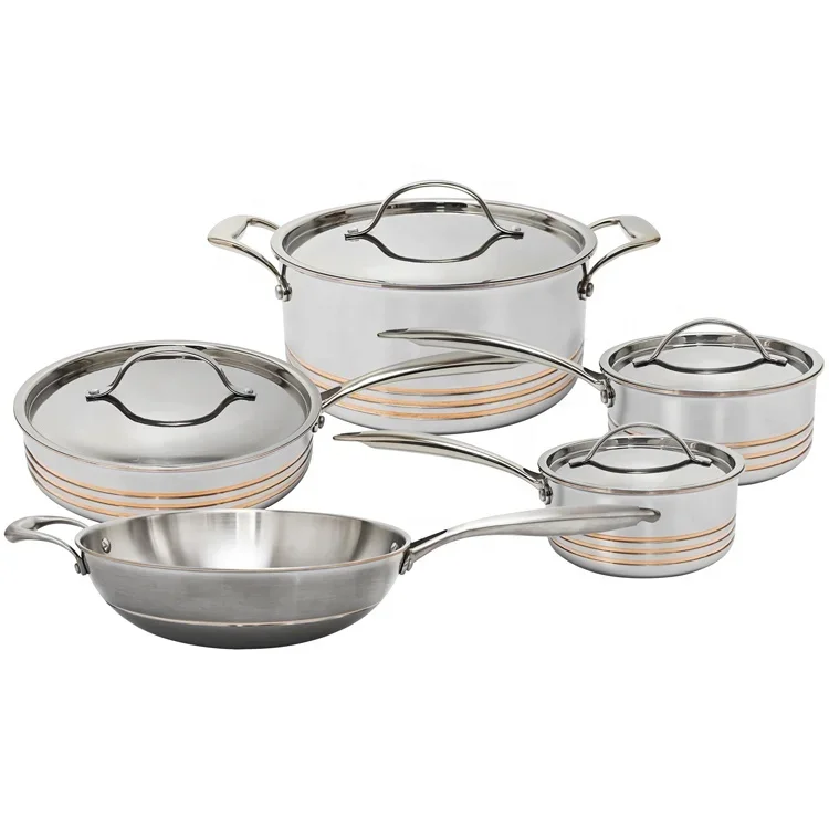 Wholesale 9pcs stainless steel 5 ply cookware kitchen copper core kitchenware set for home restaurant cooking