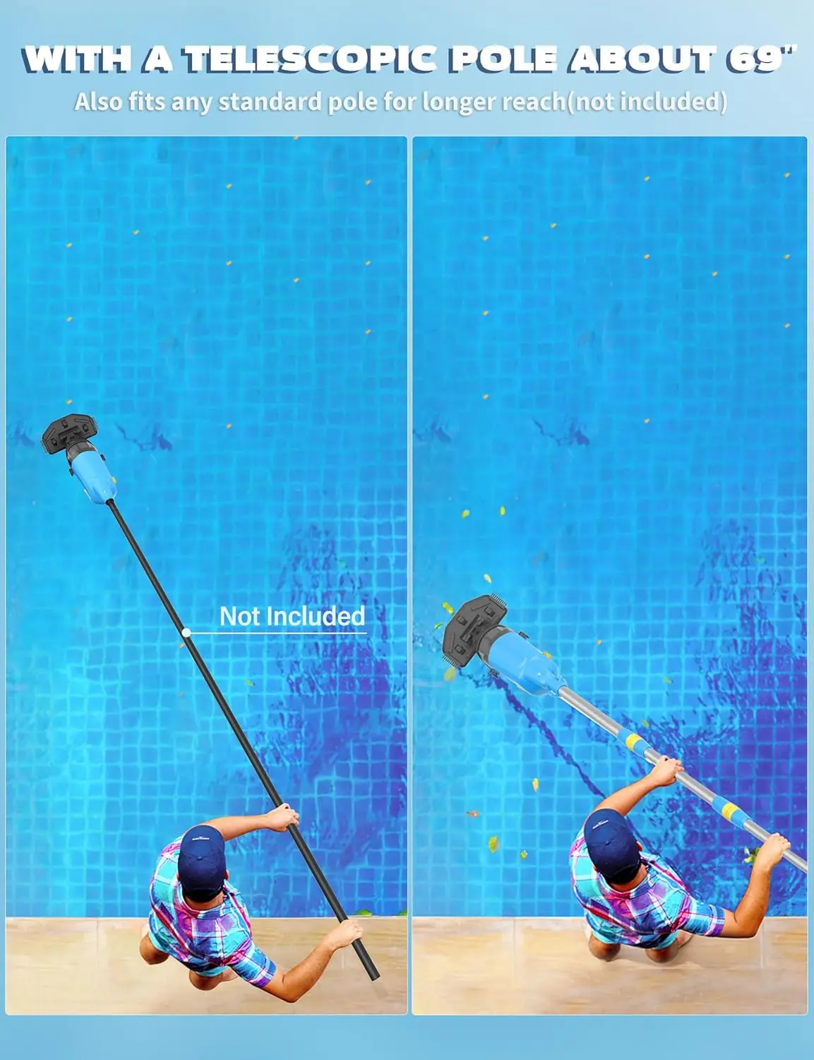 Cordless Pool Vacuum Cleaner for Above Ground Pool & In Ground Rechargeable Pool Vacuum Cleaner - 90 Mins Runtime, with 69" Tele