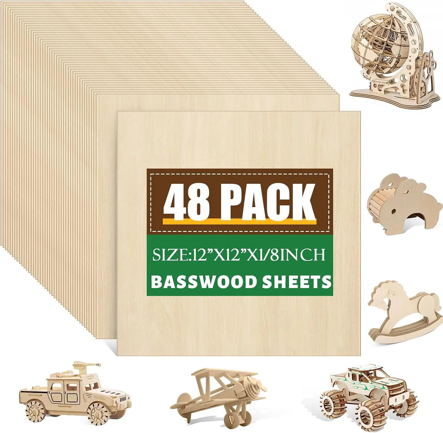 

48 Pack Basswood Sheets 1/8x12x12 Inch, Unfinished Wood for Crafts, Laser Cutting & Engraving