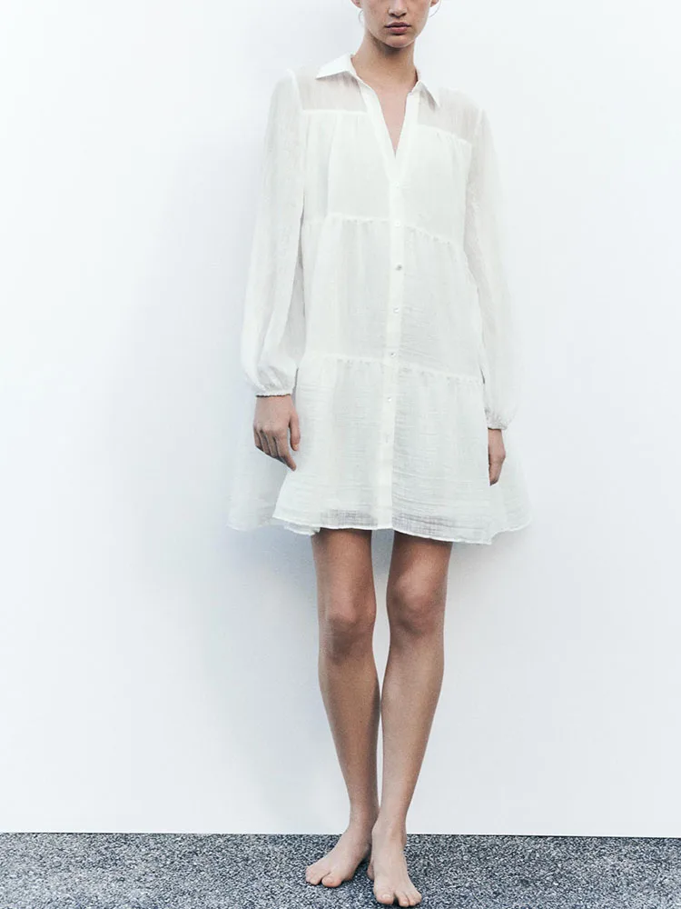 Primavera 2025 Nova Faion feminino cor pura em camadas patchwork gola virada para baixo simples ort Dr lanterna de cintura alta Sve A-...