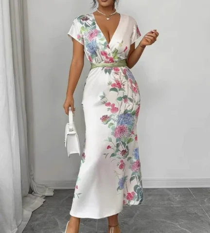 

Women's Dress 2026 Spring Summer New Fashion Floral Print Lace Up Waist Cinching V-Neck Short Sleeve Casual Daily Long Dress