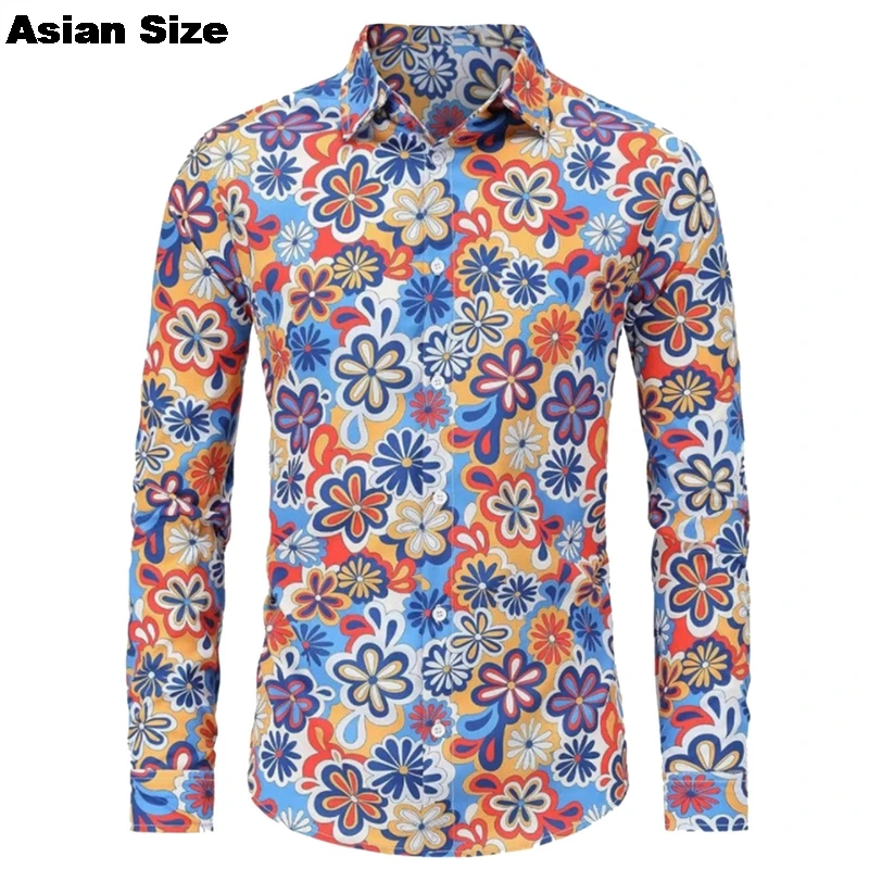 2025 New New Men's Vintage 80s Hip Hop Flower Outfit Vintage Print Long Sleeve Shirt Festival Carnival Disco Party Costume Tops