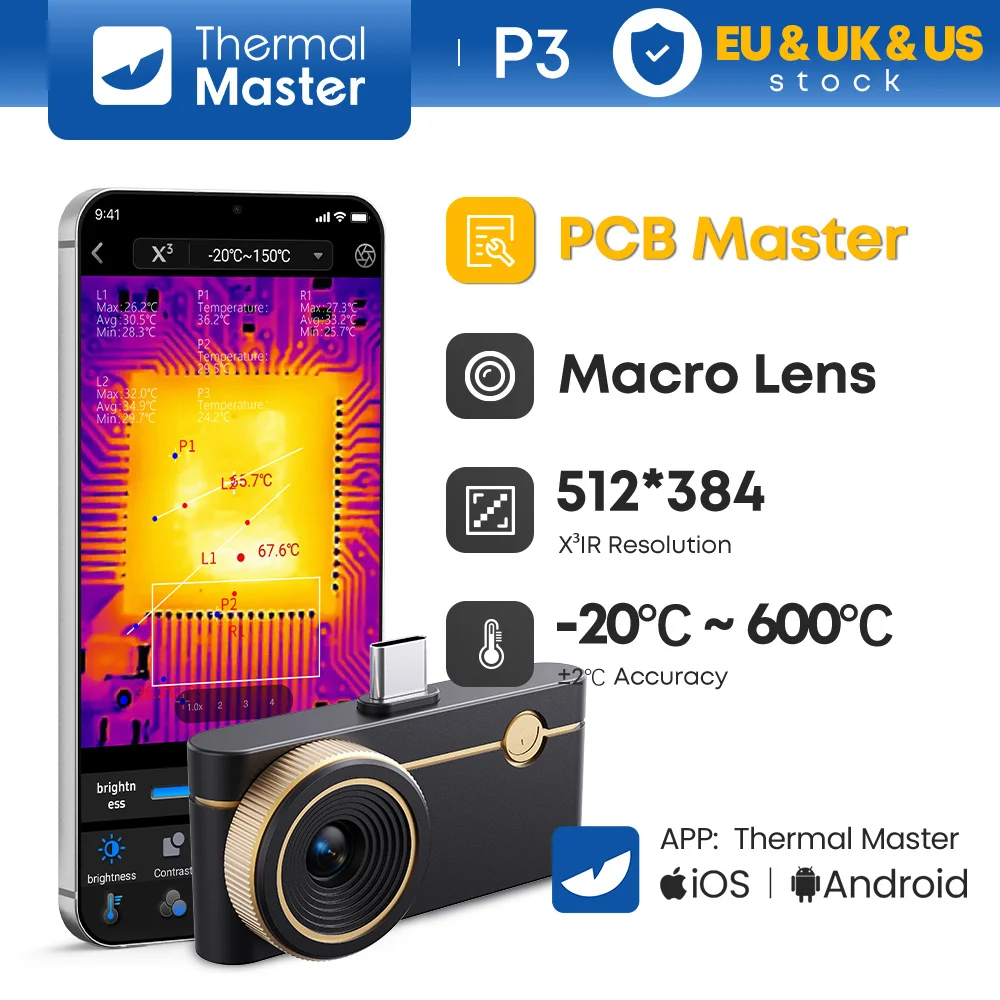 (Android&iPhone) P3 Type-C Thermal Camera for Electronics Repair 512×384 Adjustable Macro Lens 600℃ Usb Thermal Imaging Camera