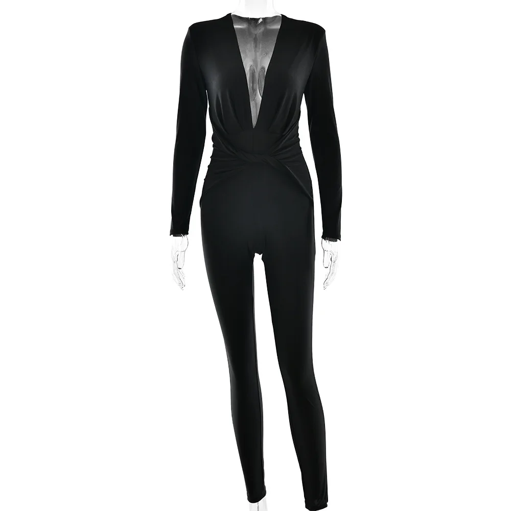 Leosoxs Tiefem V-ausschnitt Langarm Dünne Overalls Frauen Strampler Elegante Schwarz Hohe Taille Geraffte Dünne Sexy Overall Outfits