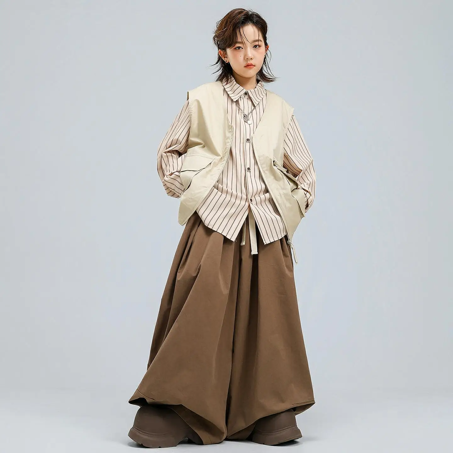 

Kid Street Hip Hop Clothing Long Sleeve Khaki Stripe Shirt Vest Coffee Wide Leg Pleated Pants for Girl Boy Dance Costume Clothes