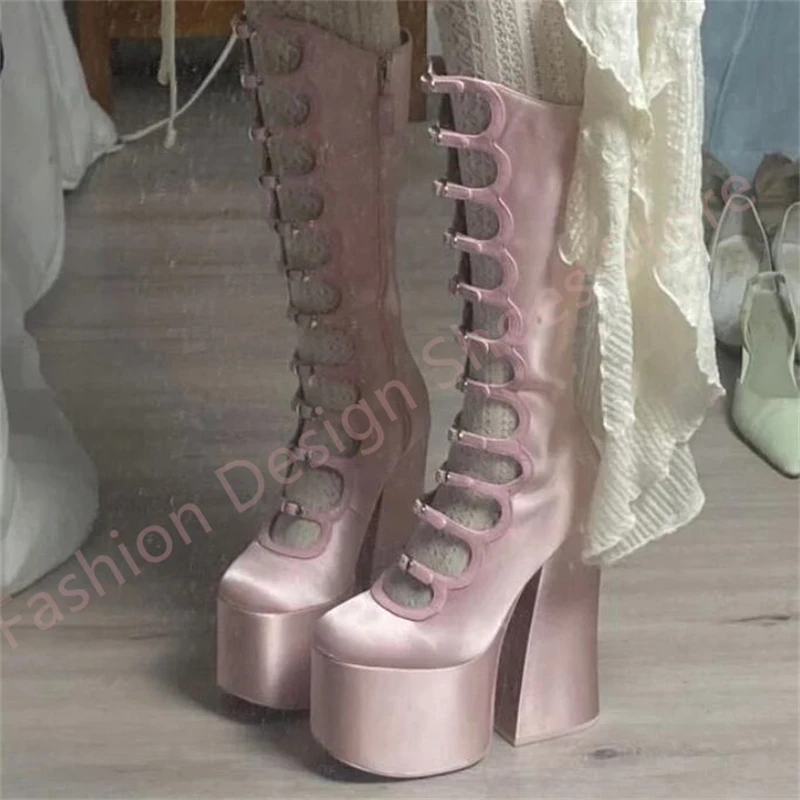 

Pink Silk Multi Buckle Straps Strappy Platform Boots Women Black Chunky Heel Pumps Female Punk Knee High Boots Party Botas Mujer