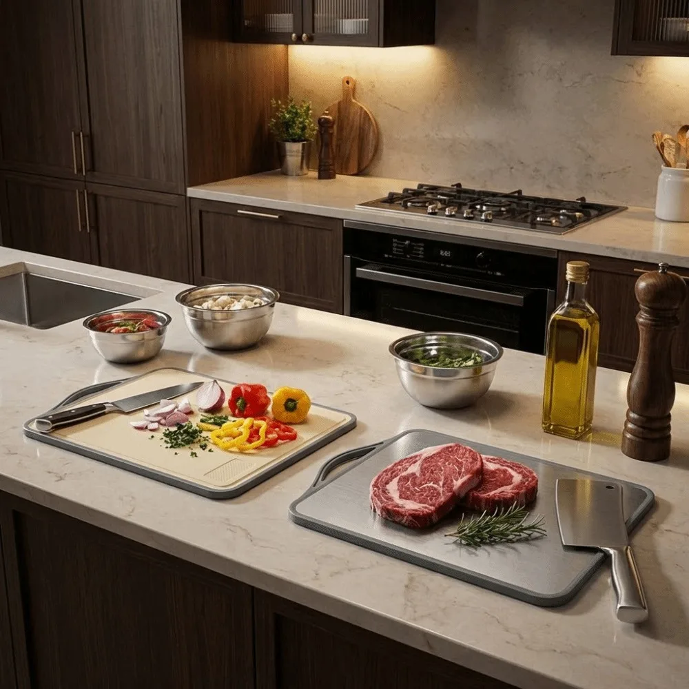 

Утолщенная разделочная доска из нержавеющей стали, устойчивая к плесени ‌ Двусторонняя нескользящая антибактериальная разделочная доска для нарезки овощей