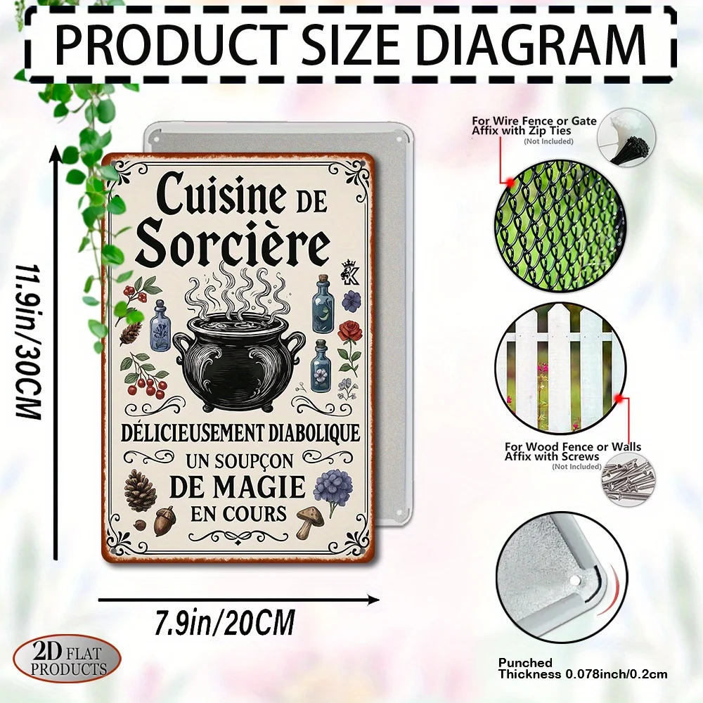 2D Flat, 1 Piece Vintage Gothic Witch Kitchen Metal Tin Sign - French Cooking Magic Poster (7.9X 11.9inch /20X 30cm) - Halloween Decoration, Cafe, Home Kitchen Decor - Gift for Those Who Love Witchcraft and Mysticism - No Electricity Needed, Easy to Hang, Witch-Themed Decor, Fantasy Recipe Design, Durable Wall Art, Cafe Decoration, Vintage Design, Country Style