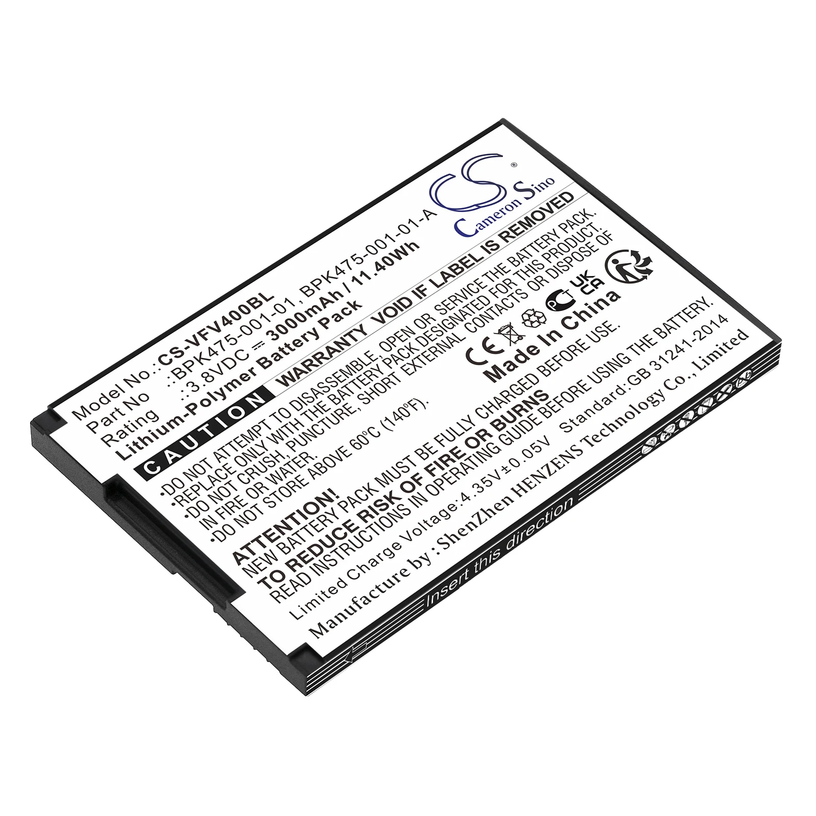 acement Battery For Verifone M435-003-04-NAA-S, V400M, V400M Plus 4G BPK475-001-01, BPK475-001-01-A 3000mAh / 11.40Wh Printer