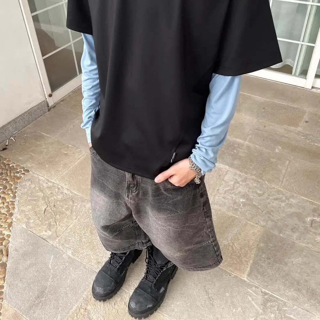 Summer Men's Black Gray Crack Design Denim Shorts Cool Boys Vintage Jeans Casual Bottom Male High Waist Wide Leg Cropped Pants