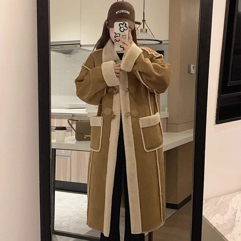 Winter New Style Women's Long Thickened Sheepskin Coat with Buttoned Leather And Fur Integration Velvet Outer Jacket