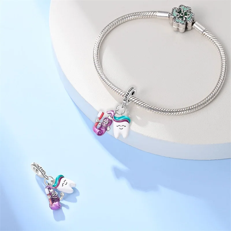 925 Sterling Silver 2Pcs Teeth Care Charms Beads Zircon Dangle Fit 3mm Original Bracelet DIY Women Party Jewelry Gifts view 2