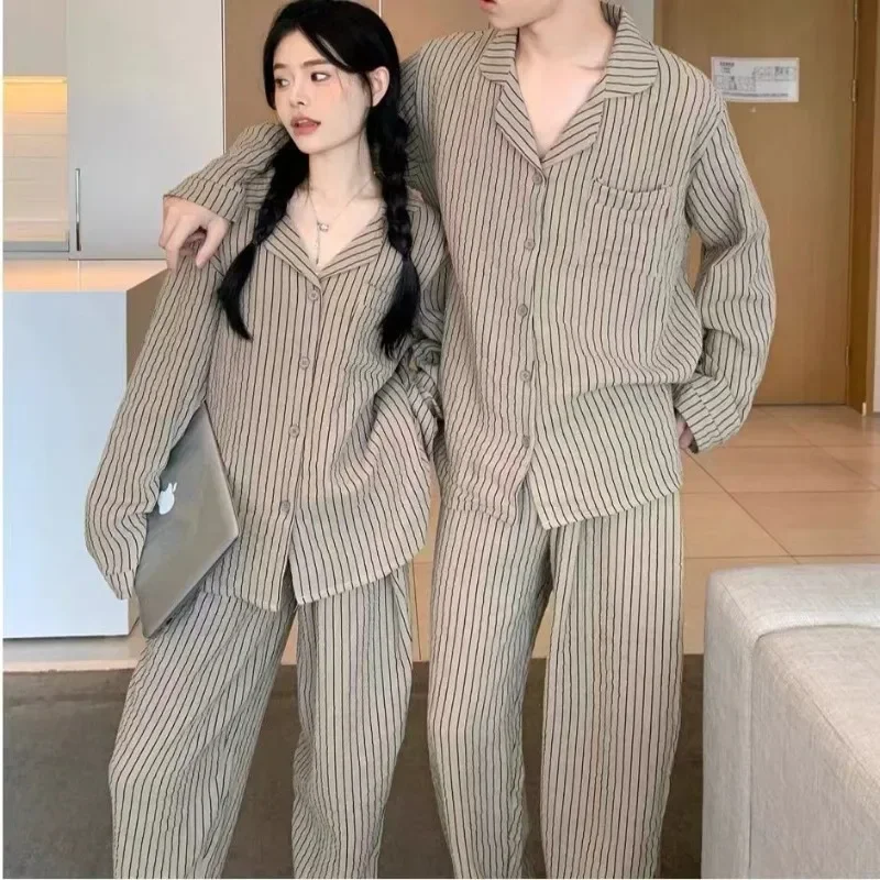 Couple Pajamas for Men Fleece Autumn Sleepwear Korean Sleeping Night Wear Striped Pijama 2 Pcs Pants Sets Pocket Home Suit 2024