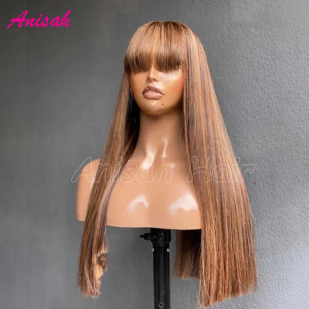 Brazilian Highlight Human Hair Wigs With Bangs Straight Lace Front Wigs Human Hair Transparent Lace Frontal Wig