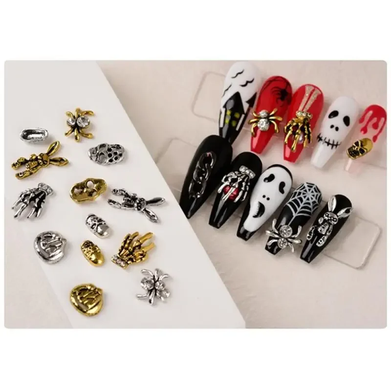 1~8PCS Halloween Metal Nail Charms 3D Alloy Ghost Hand Skeleton Pumpkin Spider Skull Nail Gems Rhinestones Nails Accessories