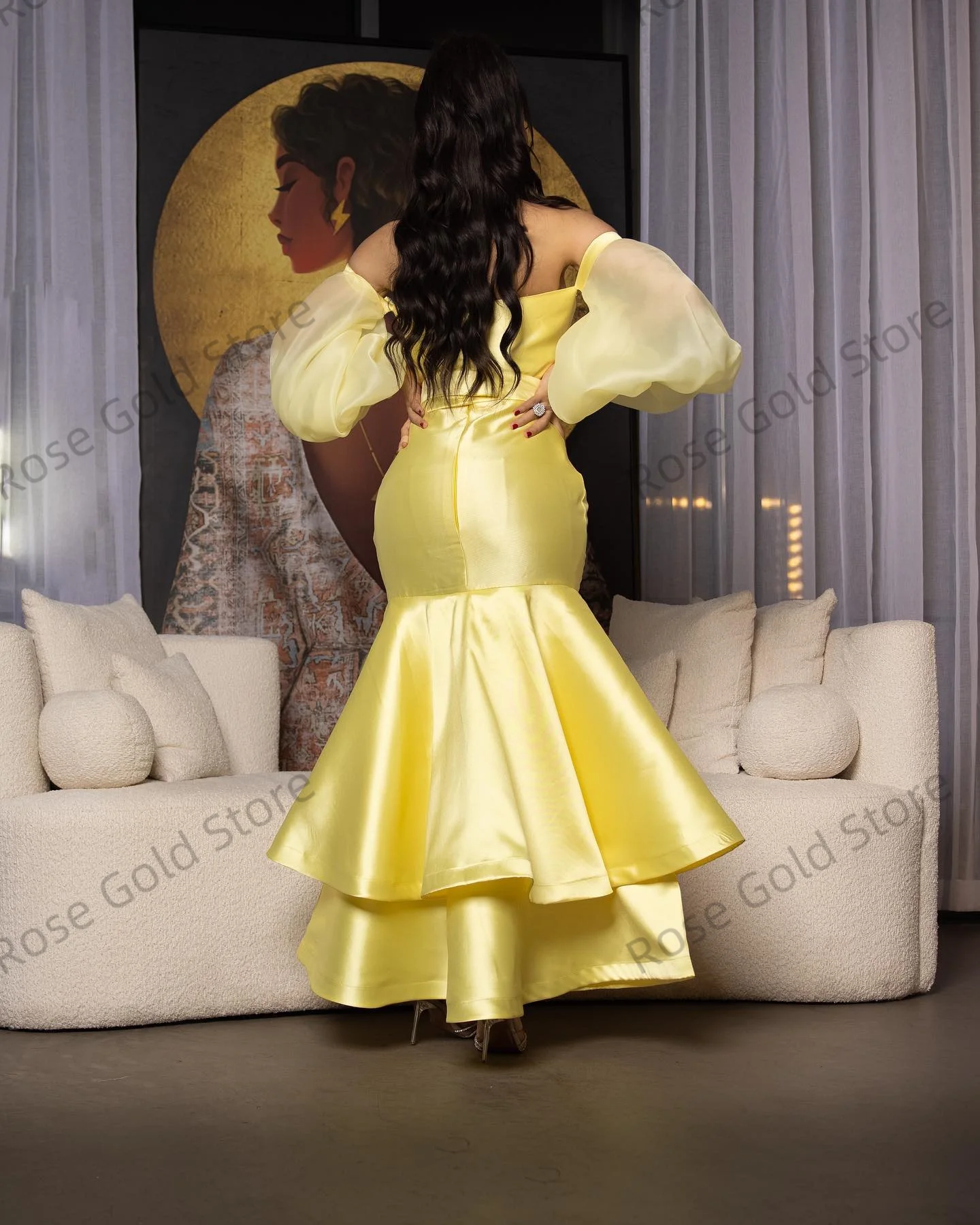 Vintage amarelo árabe vestido de noite fora do ombro sereia vestidos de gala personalizado feminino longo em camadas miçangas formal vestidos de baile