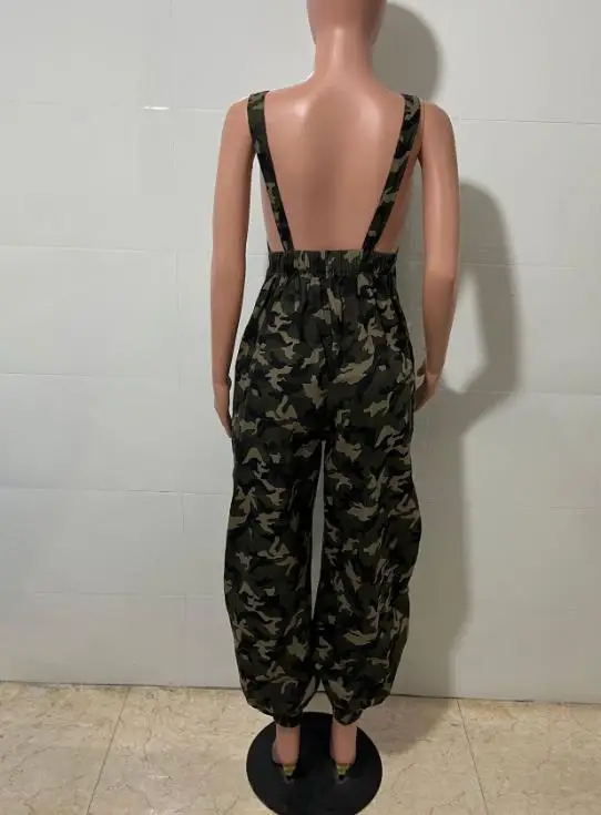 

2025 Summer Trend Camouflage Printed Sleeveless Shoulder Strap Jumpsuit for Women's Casual Loose High Waisted Leg Tied Jumpsuit