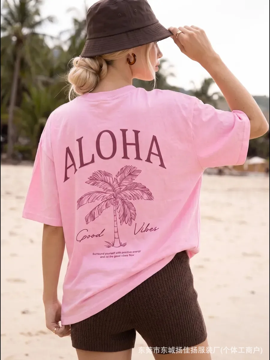 Coastal Grandma Hawaiian Oversized Tee ALOHA Palm Tree Line Art Print Soft Cotton Women Loose Pink Beach Vacation Casual T Shirt