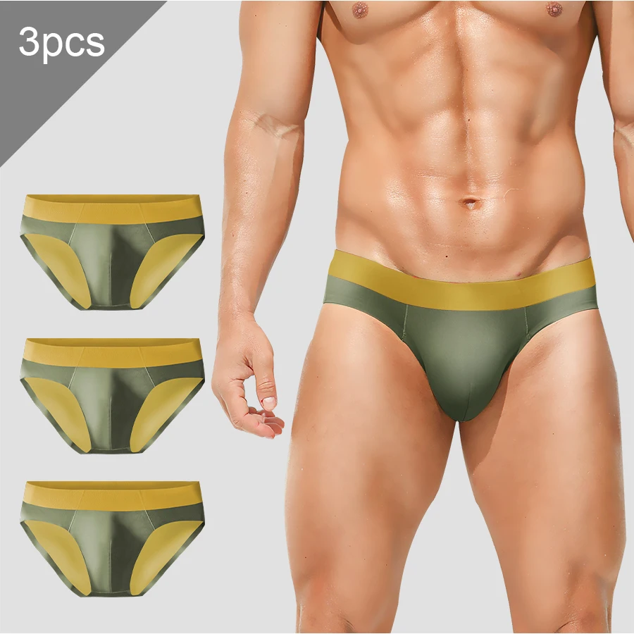 3PCS Men's ice silk seamless underwear, breathable triangle pants, thin sporty low-waisted, sexy short slit