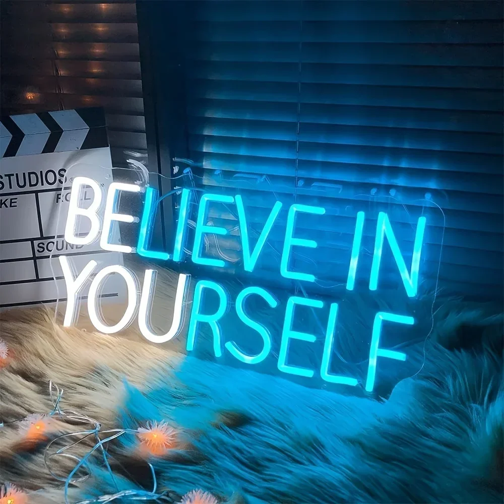 Believe In Yourself Neon Sign LED Wall Art USB Powered  White Blue Motivational Quote Decor Bedroom Office Gym Aesthetic Light