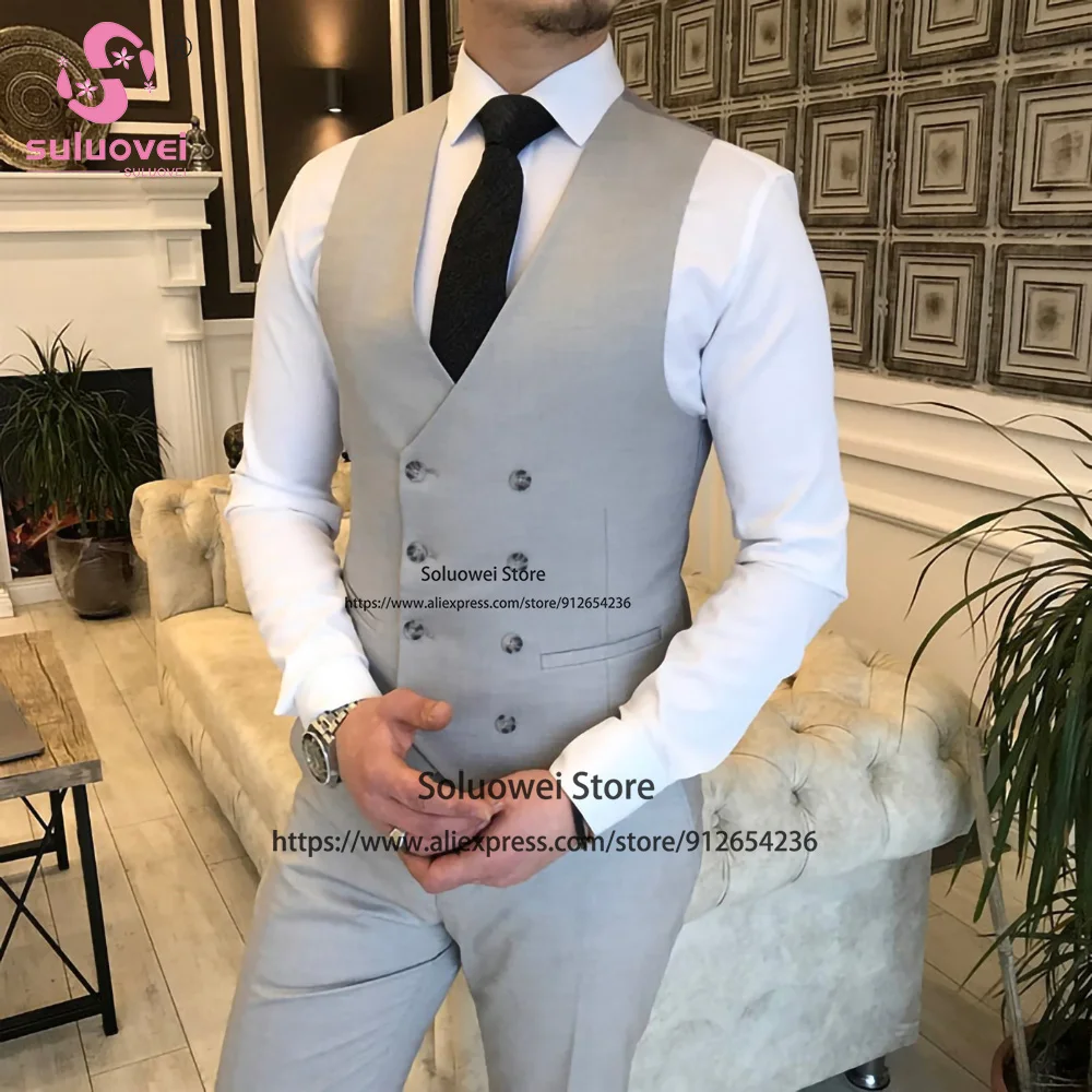 Fashion Light Grey Suits For Men Slim Fit 3 Piece Jacket Vest Pants Set Business Blazer Formal Groom Wedding Peaked Lapel Tuxedo