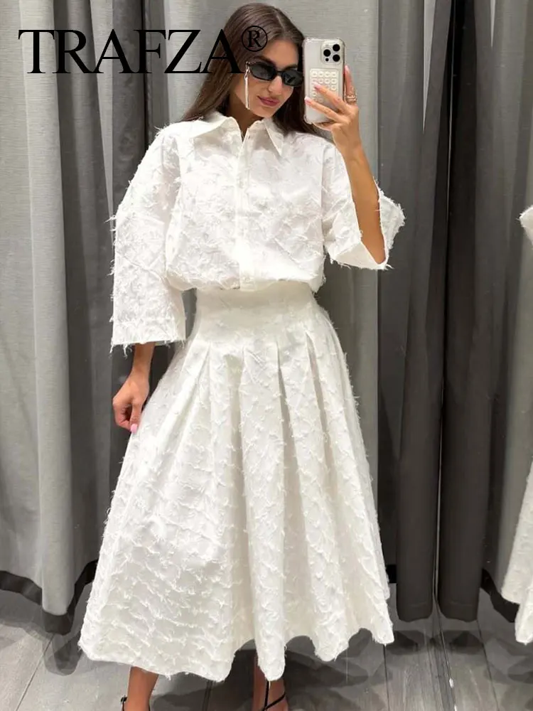 

TRAFZA Summer Elegant Tassel Set Long Sleeves Single-Breasted Lapel Shirts+High Waist A-Line Midi Skirt Women's Fashion Suit
