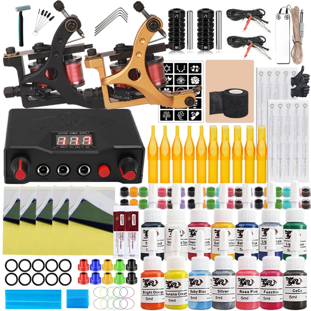 

Complete Coil Tattoo Machine Kit Tattoo Machine Gun Ink Set with Power Supply Needles for Liner Shader Permanent Makeup Body Art