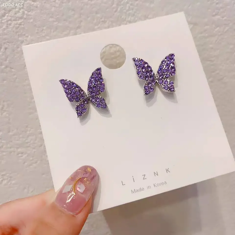 Korean New Fashion Purple Crystal Butterfly Earrings for Women Rhinestone Cute Girl Zircon Stud Earrings Jewelry Wholesale