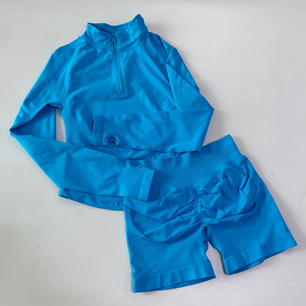 Pericic 2-teiliges Langarm-Yoga-Set für Damen, Halb-Reißverschluss-Jacke, Langarm-Sporttop, Gym-Shorts, Fitnessanzüge, Laufjacken, Workout-Set – Detail 15