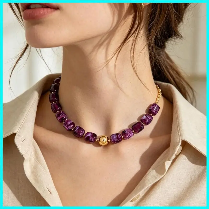 Bohemian Colorful Acrylic Big Square Beaded Choker Necklaces for Women Handmade Pendant Necklace New Fashion Jewelry Gift