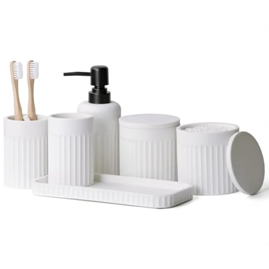

Bathroom Accessory Set - 6 Pieces Bathroom Accessories Set Complete with Soap Dispenser, Toothbrush Holders, Tumbler, Vanity Tr
