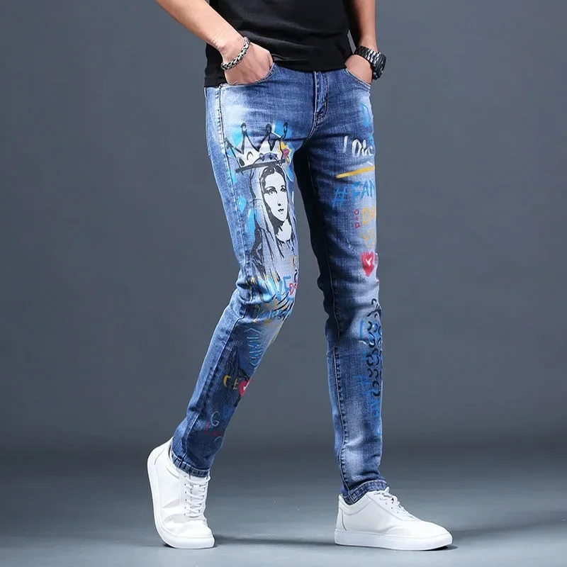 

Light Luxury Men’s Slim-fit Noble Blue Denim Pants,Beauty Print Decors Trendy Casual Pants, Stylish Sexy Street Jeans Pants;