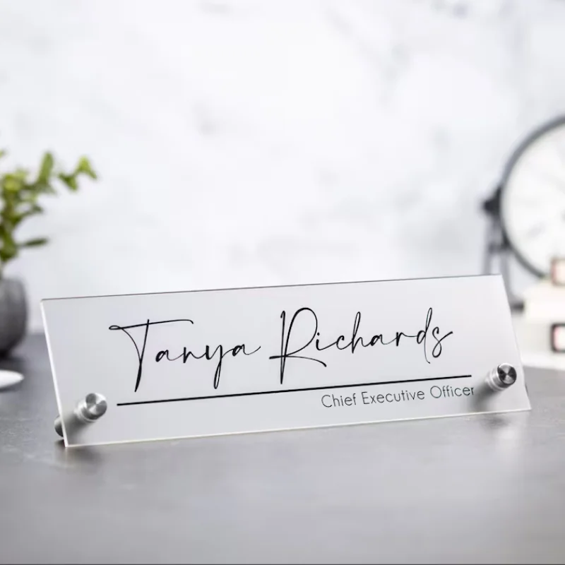 Standing Acrylic Name Plate,Clear Script Executive Desk CEO Sign, New Job Office Small Business Decor, Promotion Gift