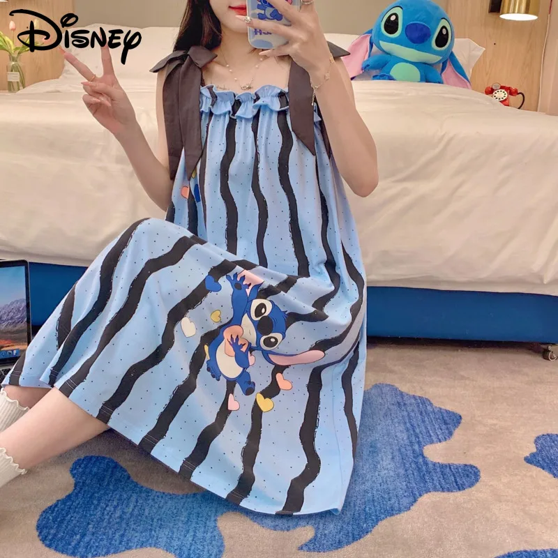 Disney Stitch Summer Cute Cartoon Strap Sleep Skirt Women Medium Long Sweet Home Clothes Korean Style Y2k Girl Fashion Nightgown