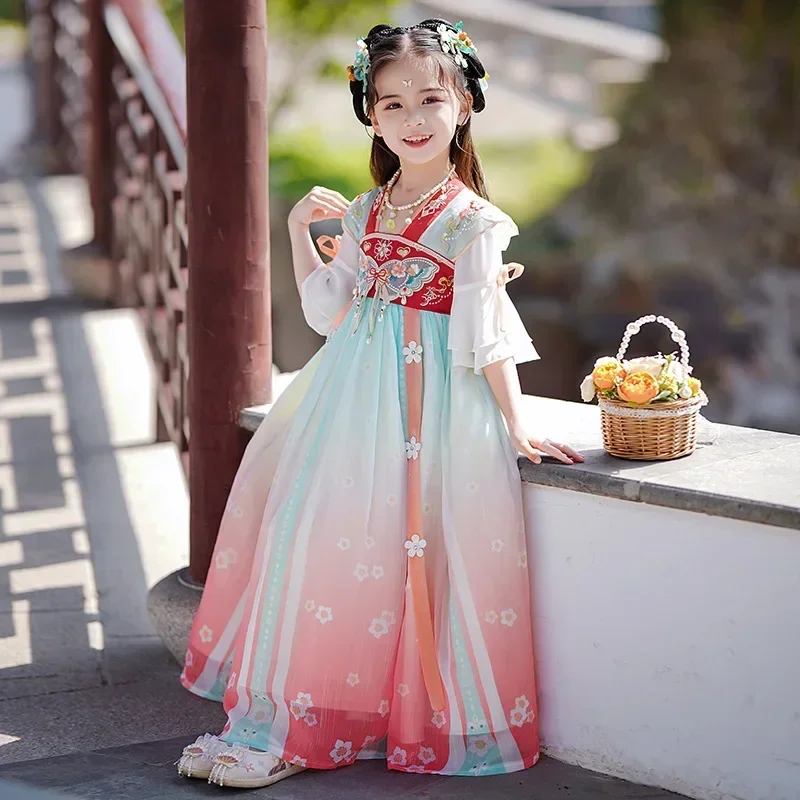 Traditional Tang Suit Girls Fairy Costume Butterfly Embroidery Hanfu Children Chinese Style Photography Cosplay Dress