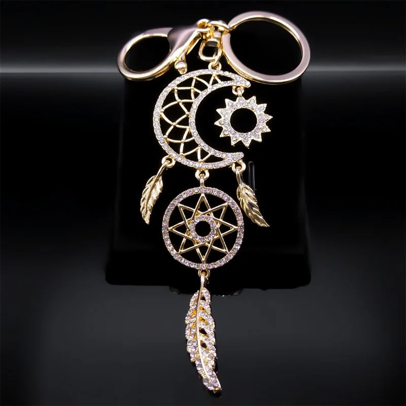 Fashion Dream Catcher Sun Moon Keychain for Women Pink Crystal Lovely Alloy Rhinestone Dreamcatcher Key Ring Jewerly K9215S04