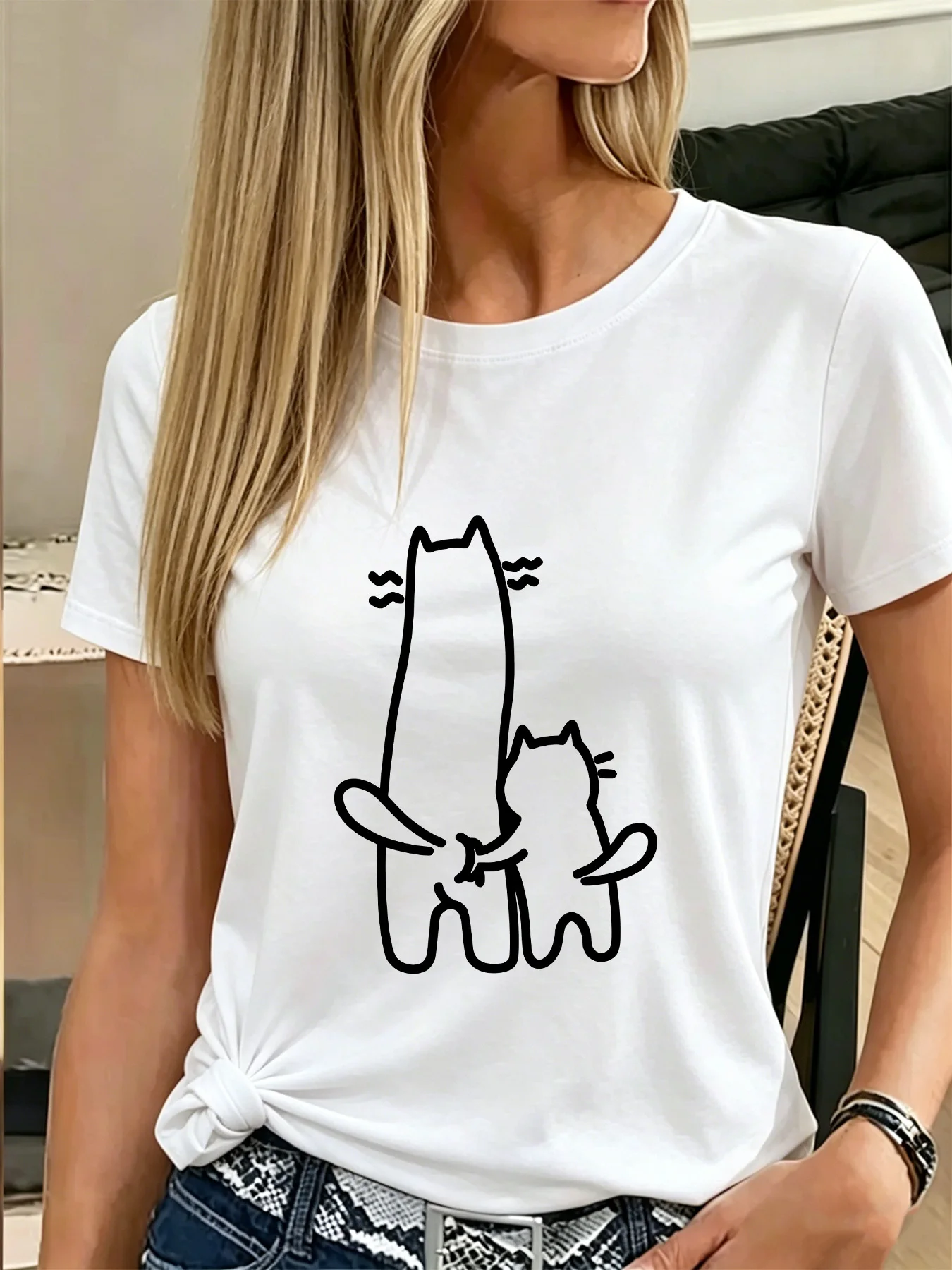 Lovely Hugging Cats Minimalist Graphic Womens T Shirt Simple Line Art Pet Tee Short Sleeve Casual Daily Streetwear Ladies Tops