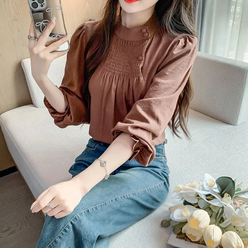 Standing Collar Pleated Long Sleeved Blouse Women Autumn Clothing Button Pullovers 2024 Autumn New Item Elegant All-match Tops