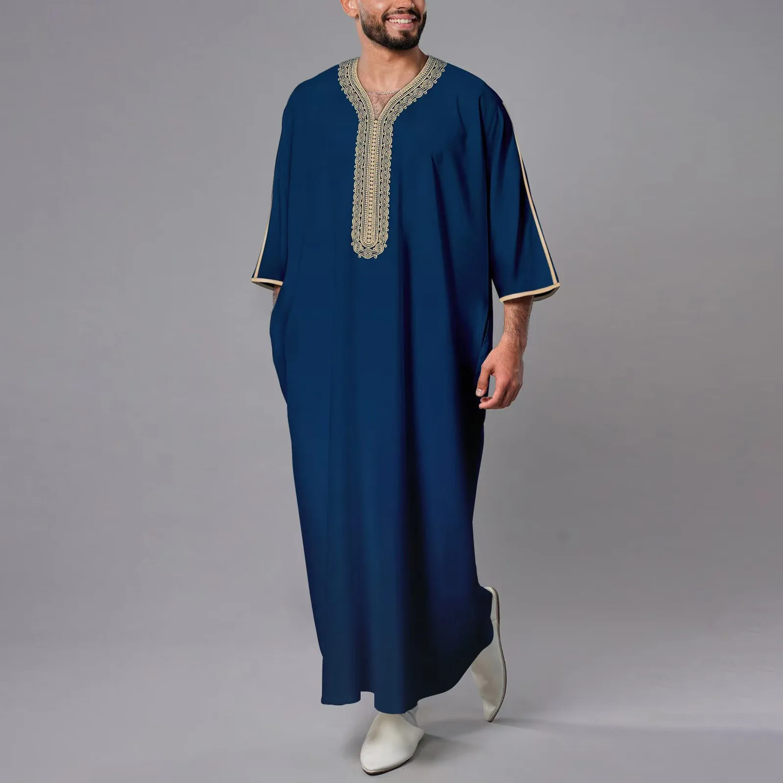 Kandouras Thobe For Men Jabador Gandoura Side Pockets 2025 Embroidery Abaya Long Sleeve Muslim Kaftan Vintage Blue Robe