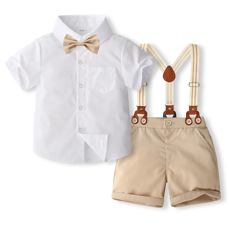 Wankitoi Baby Boy Clothes Suits Toddler Summer Formal Short Shirt Bowtie Suspender Shorts Set Gentleman Wedding Outfits