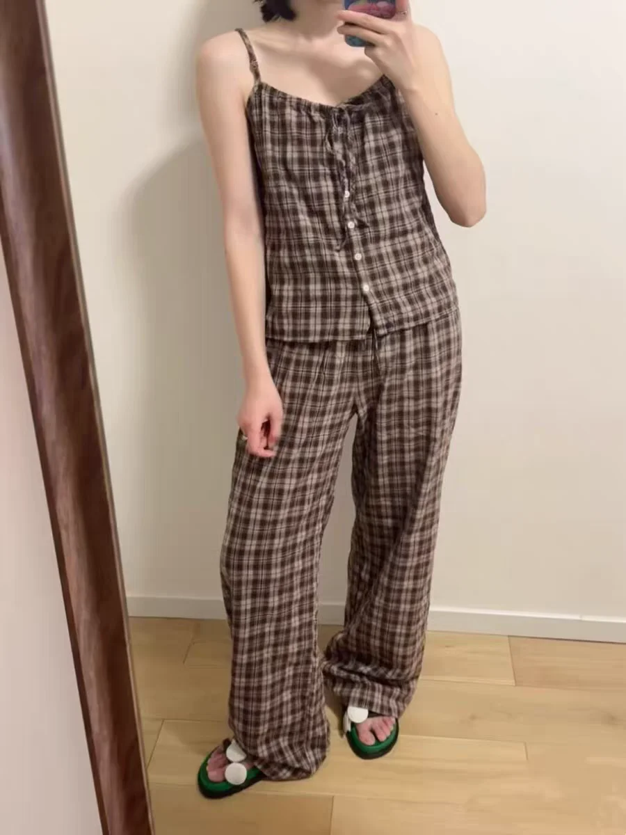 Pantaloni a gamba larga con coulisse scozzese vintage Pantaloni estivi da donna a vita alta larghi dritti Pantaloni casual dolci stile preppy femminile Novità