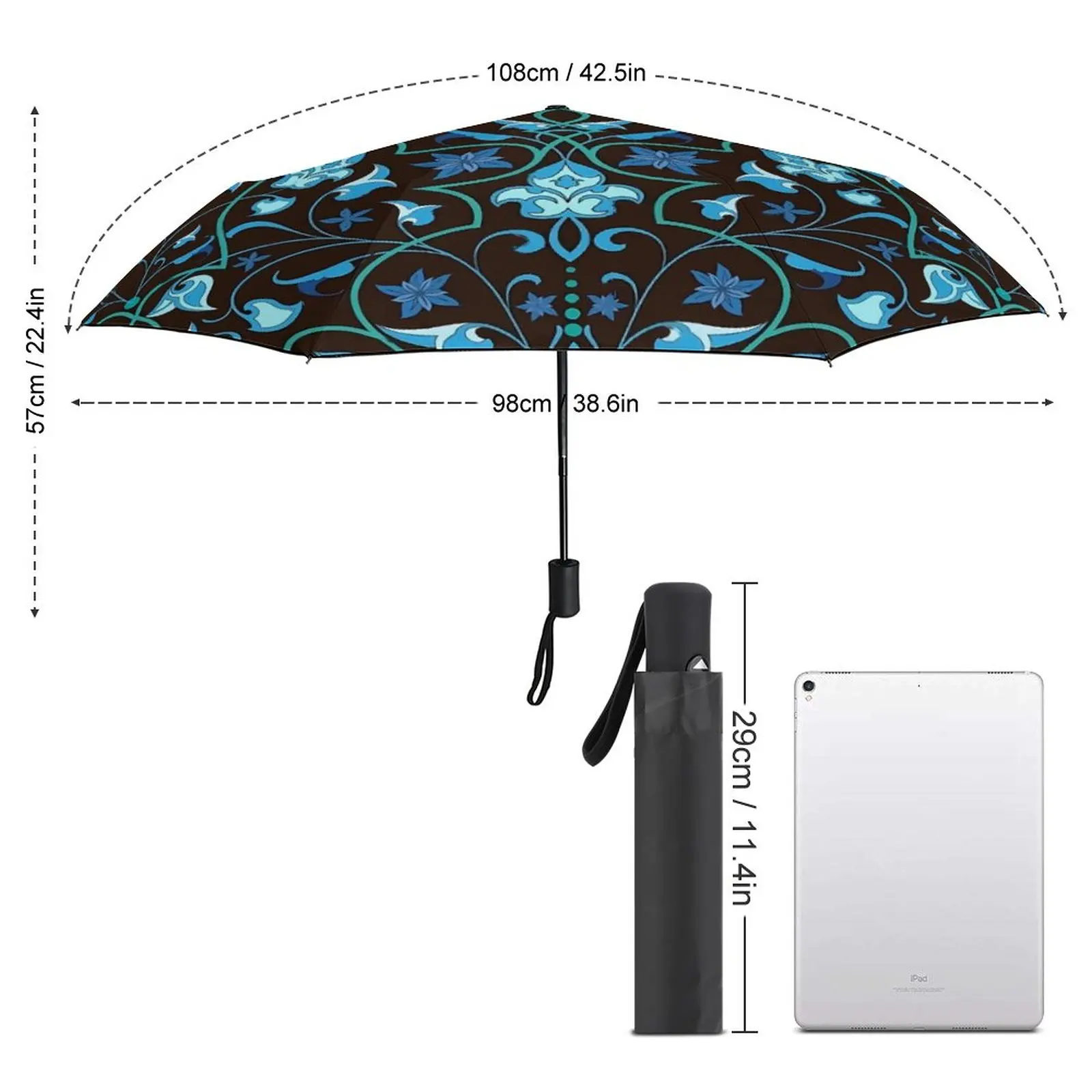 Blue Baroque Umbrella Retro Floral Anti UV Beach Umbrella Cute Automatic Print Folding Umbrella