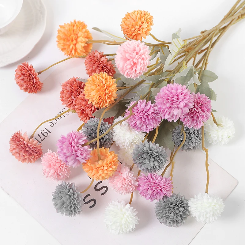 5 Head Artificial Flower Dandelions Home Decoration Single Green Onion Ball Flower Autumn Color Fake Flower Wedding Decoration