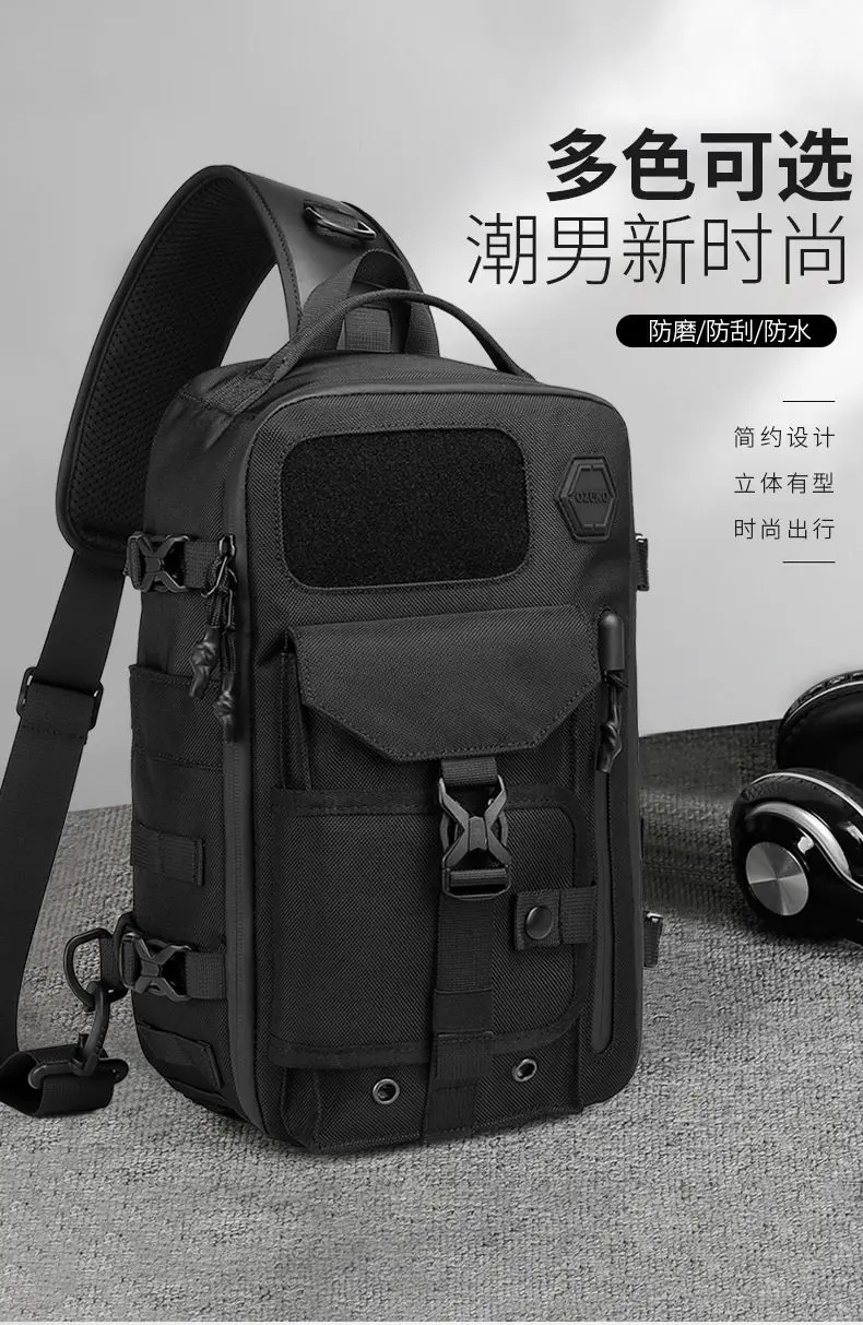 OZUKO Umhängetasche für Herren, Brusttasche, wasserdicht, taktische Taille, Umhängetasche, Reißverschluss, modisch, Outdoor-Sport, großes Fassungsvermögen, Schwarz – Detail 2