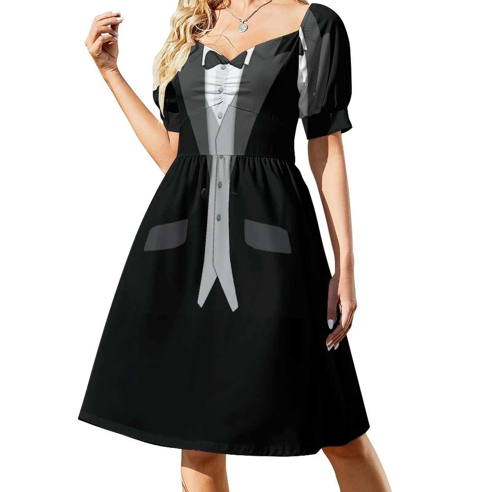 

Black Tuxedo Bowtie and Vest Short Sleeved Dress Dress women dress summer 2025 women