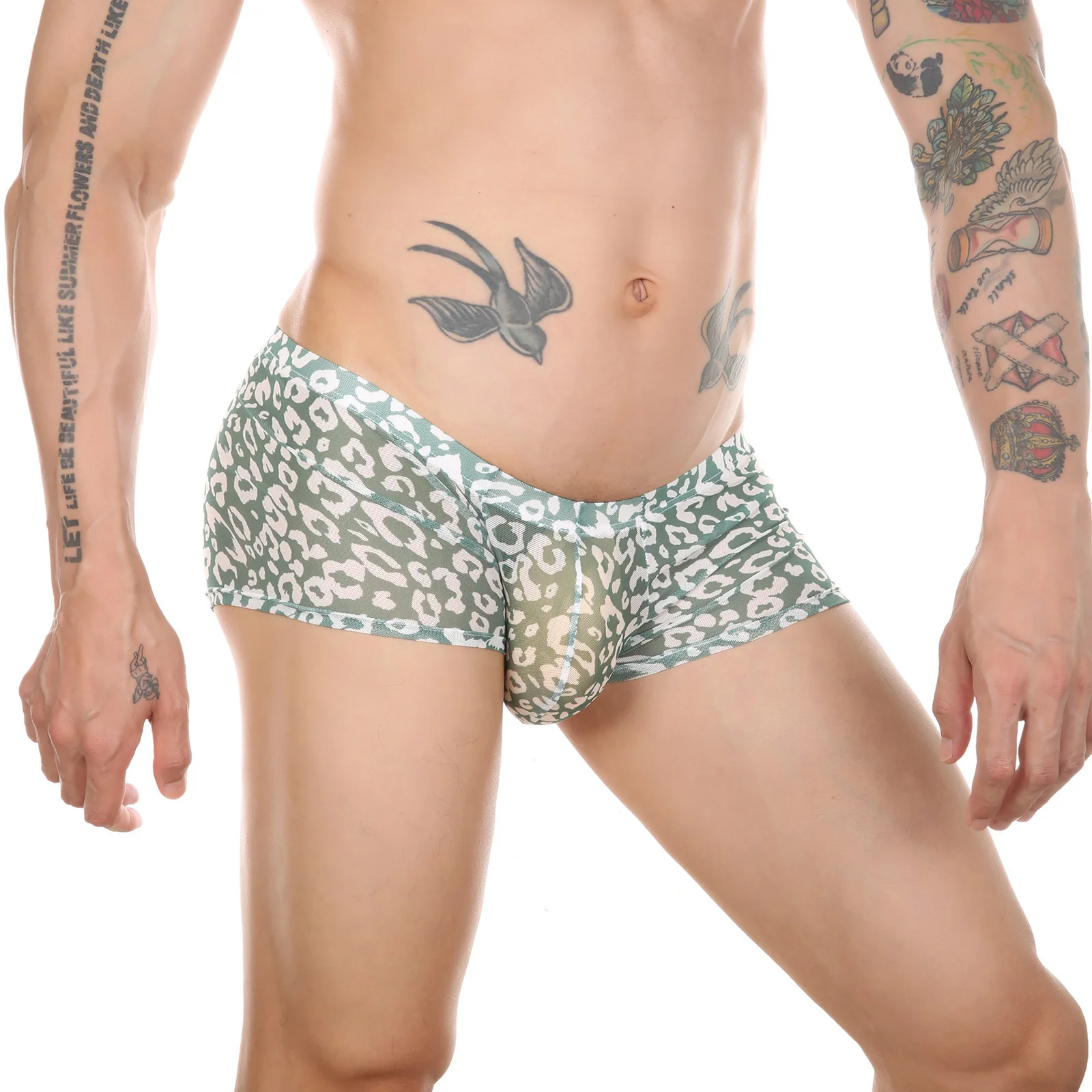Boxers transparentes estampados masculinos, perspectiva sexy, malha, estampa de leopardo, roupa íntima sexual