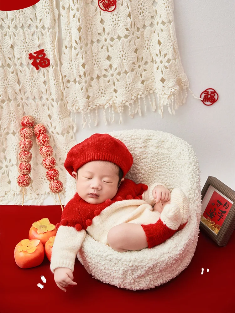 Kostum rajut bayi Tahun Baru, Jumpsuit rajut, kaus kaki baret, pakaian fotografi, Set karangan bunga Natal, mendukung foto bayi, alat peraga pengambilan foto