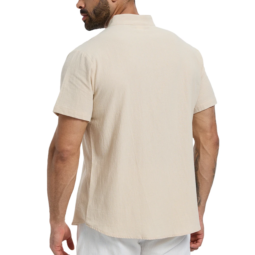 Men's Summmer Shirt Henley Neck Short Sleeve Casual Solid Color Classic Cotton Linen Breathable Lightweight Male Button Up